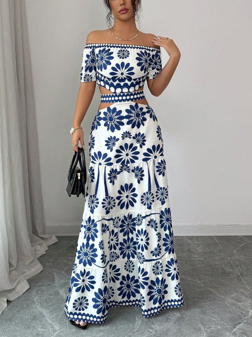 Blue Boho Women's Floral Print Off-Shoulder short Sleeve Hollow Waist Dress - Picture 7 of 7